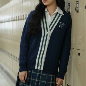 Victoria’s Secret PINK Blue Color Block Oversized Varsity Knit Cardigan Sweater